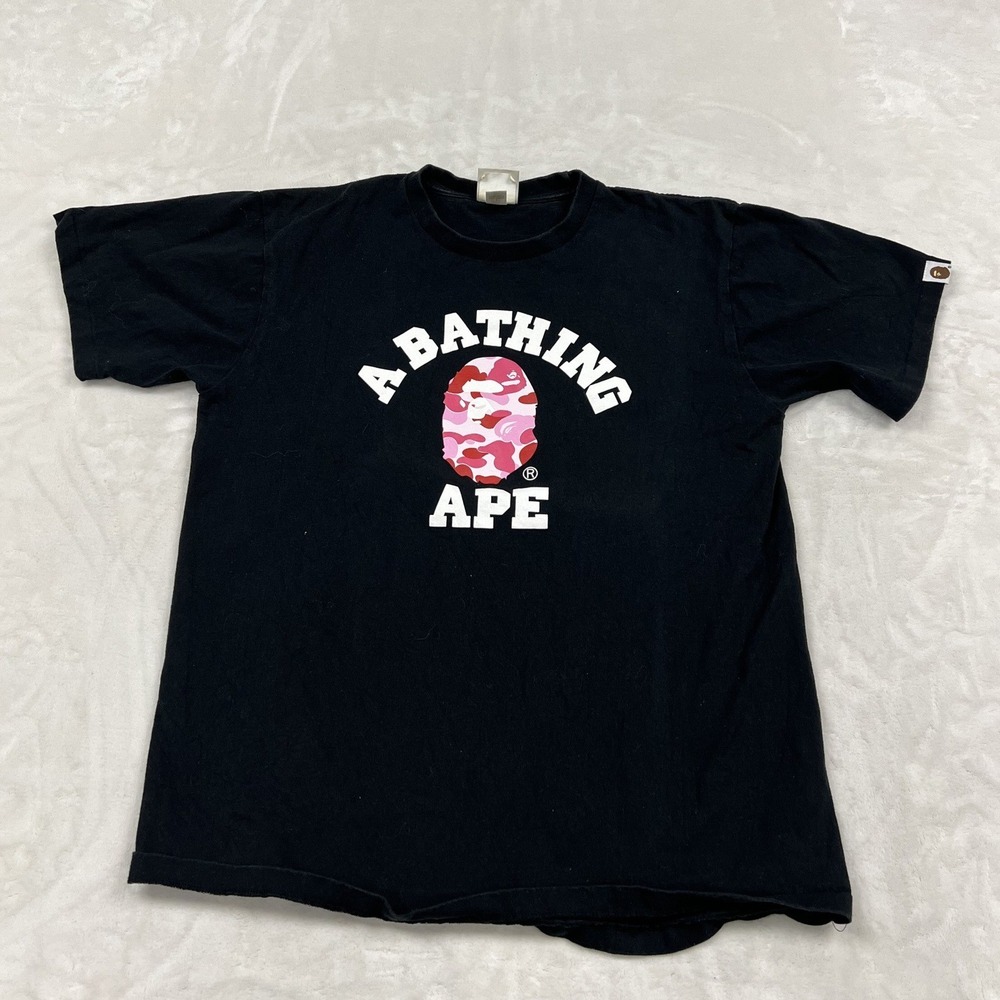 A Bathing Ape T-Shirt Mens L Black Pink Camo Ape Head Logo Graphic Tee